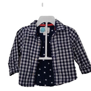 Baby Boden Gingham Check Blue Gray Stars Cotton Snaps Button Down Shirt Sz.3-6mo
